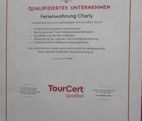 Urkunde qualifiziertes Unternehmen, © Nordeifel Tourismus GmbH & Ferienwohnung Charly