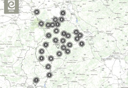 Karte der Eifel mit Infos zu Ausflugszielen, Hotels, Ferienwohnungen, Wandertouren und Radwegen., © Eifel Tourismsu GmbH/Google Maps